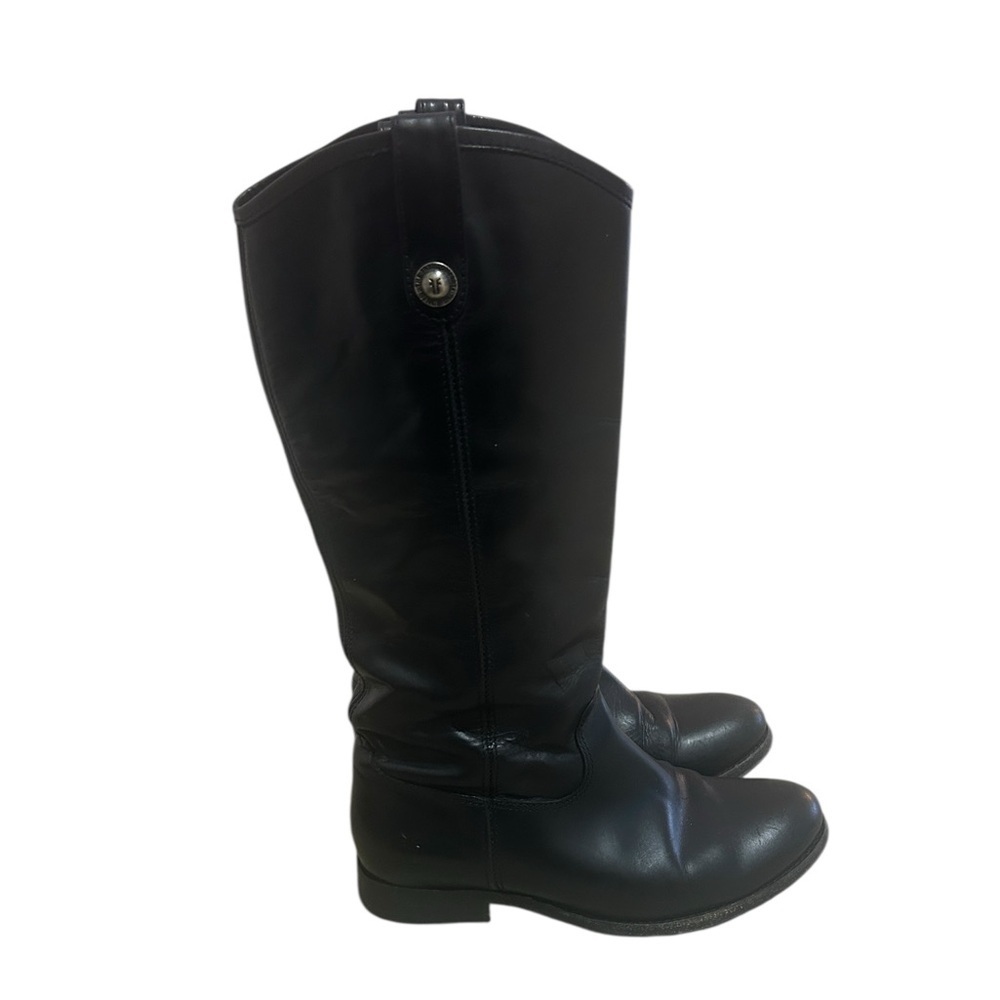 Frye Black Leather tall pull on round toe flat Boots silvertone accent